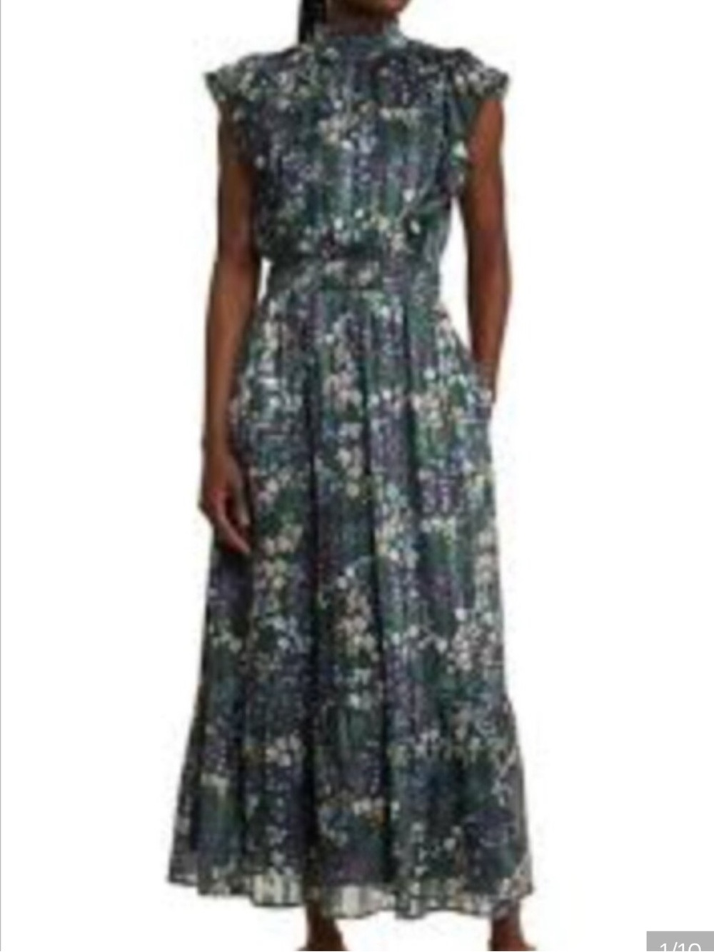 NWT Lost + Wander Dark Green Smocked High Neck Floral Ruffle Midi Dress Sz M